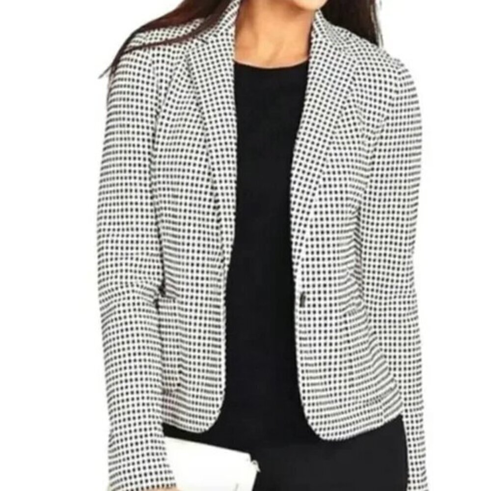 TALBOTS Plus Size Textured Checked Blazer Cream Black Check One Button Jacket 1X